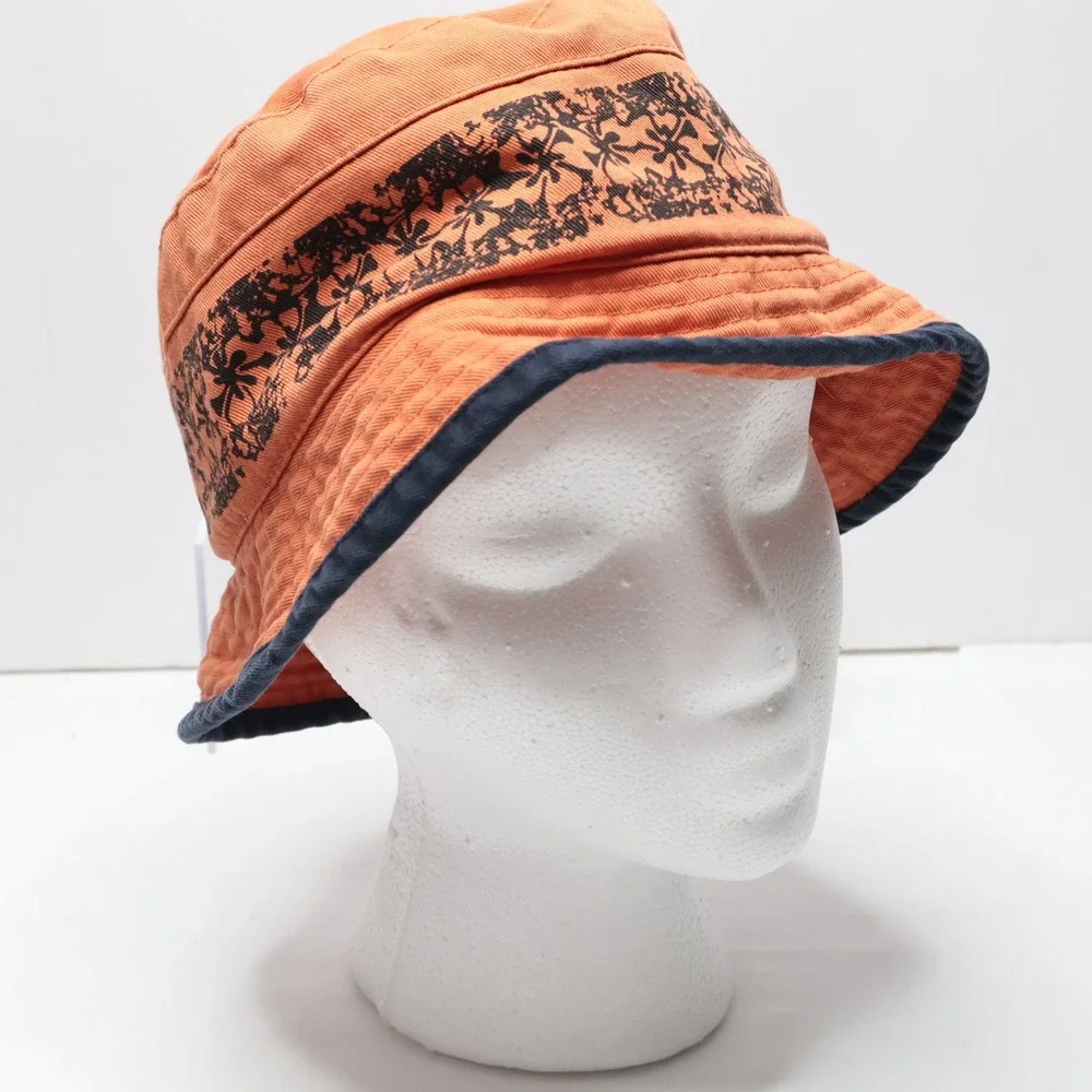 VTG 90s Y2K Orange Floral Bucket Hat Kids 4-6X Blue Hibiscus‎ Flowers Kindercaps